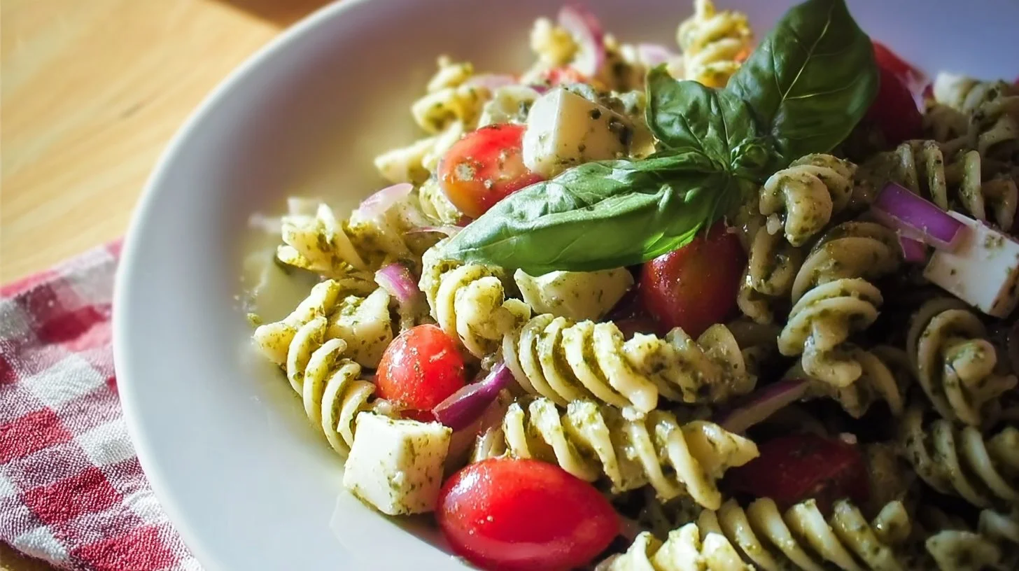 Bowl of Caesar Basil Pasta Salad with fresh ingredients