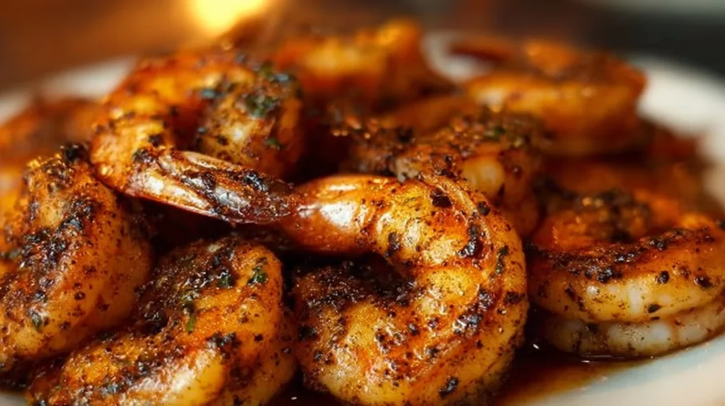 Plate of spicy Cajun Blackened Shrimp garnished with herbs and served with lemon.