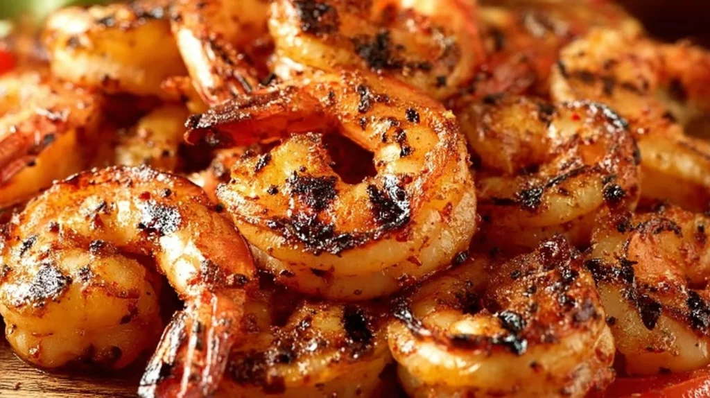 A plate of Cajun grilled shrimp garnished with herbs and spices