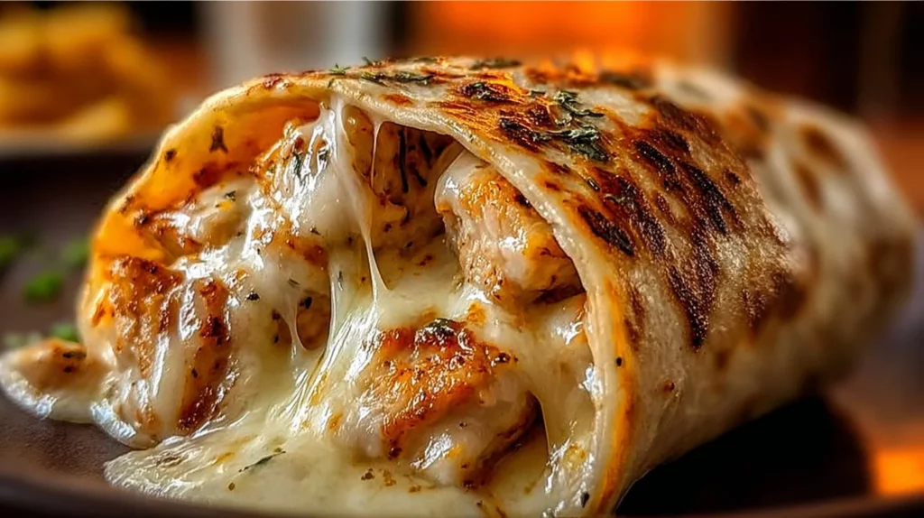 Cheesy garlic chicken wraps with fresh ingredients and melted cheese.