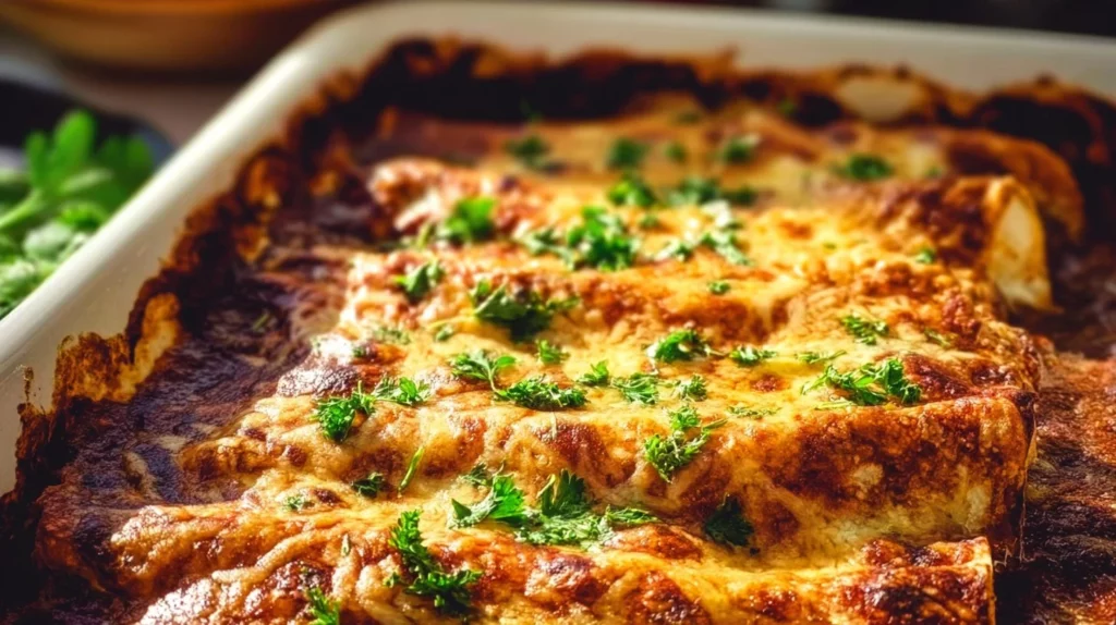 Delicious chicken enchiladas topped with homemade sauce and melted cheese