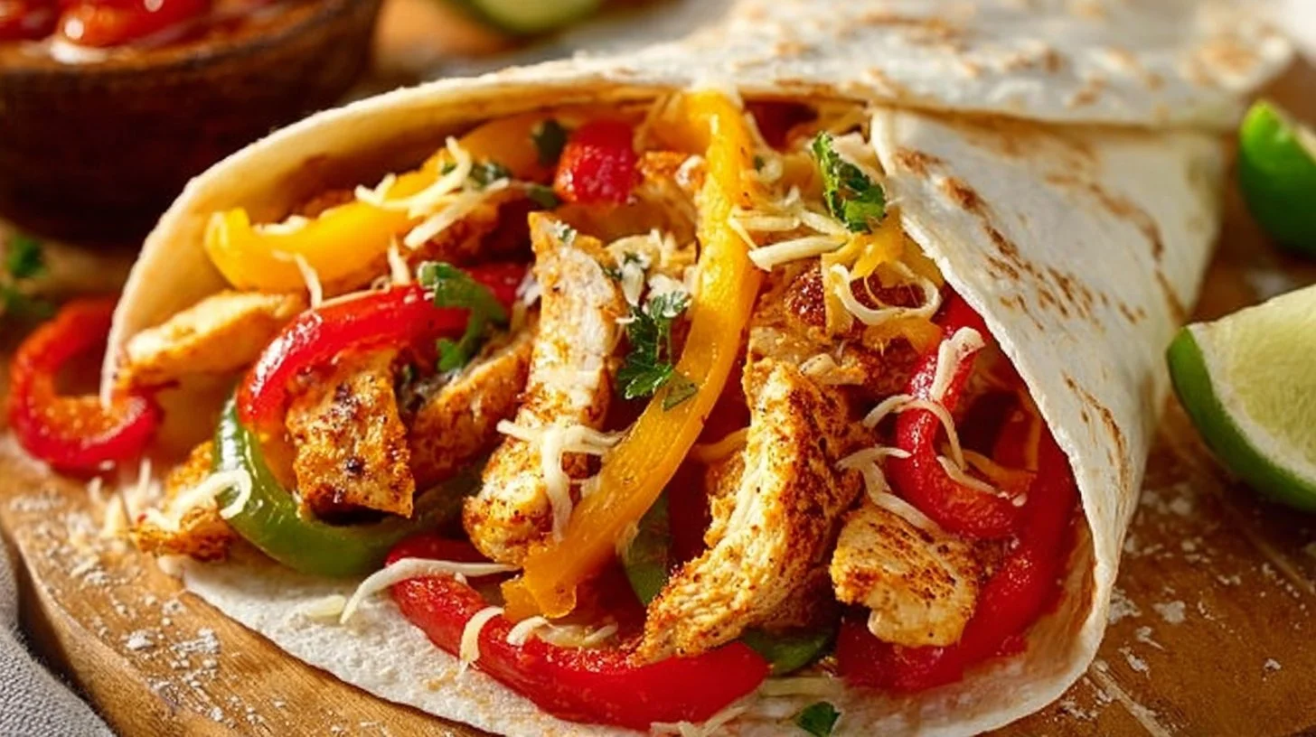 Delicious Chicken Fajitas served with colorful bell peppers and onions