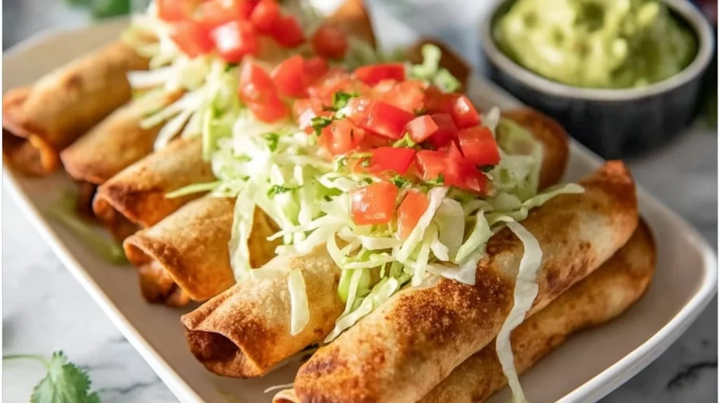 Plate of crispy chicken flautas garnished with avocado and salsa.