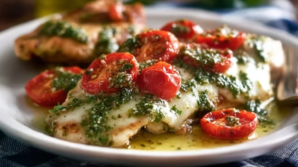 Plate of Chicken Margherita garnished with basil and mozzarella cheese