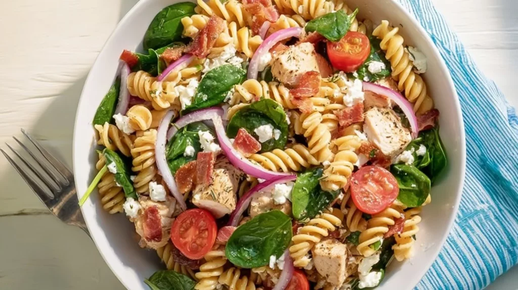 Delicious Chicken Pasta Salad with fresh vegetables and chicken pieces