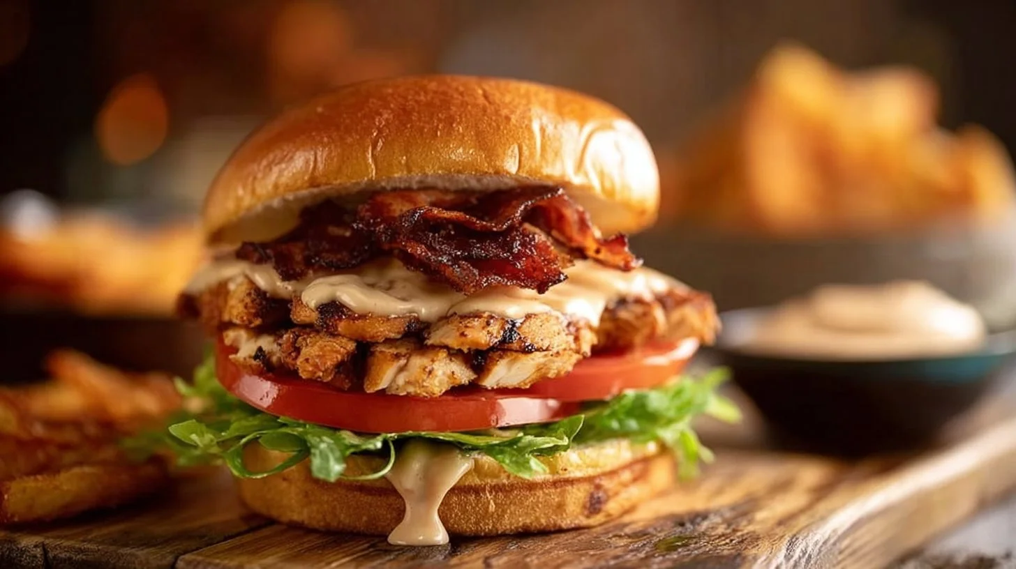 Delicious chicken sandwich with fresh lettuce and tomatoes