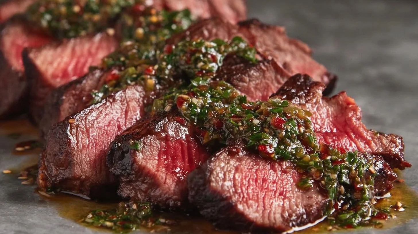 Vibrant chimichurri sauce in a small bowl with fresh herbs and garlic