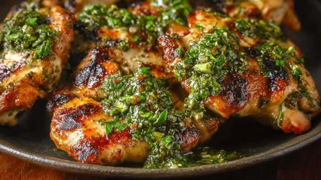 Plate of Chimichurri Chicken garnished with fresh herbs and served with vegetables