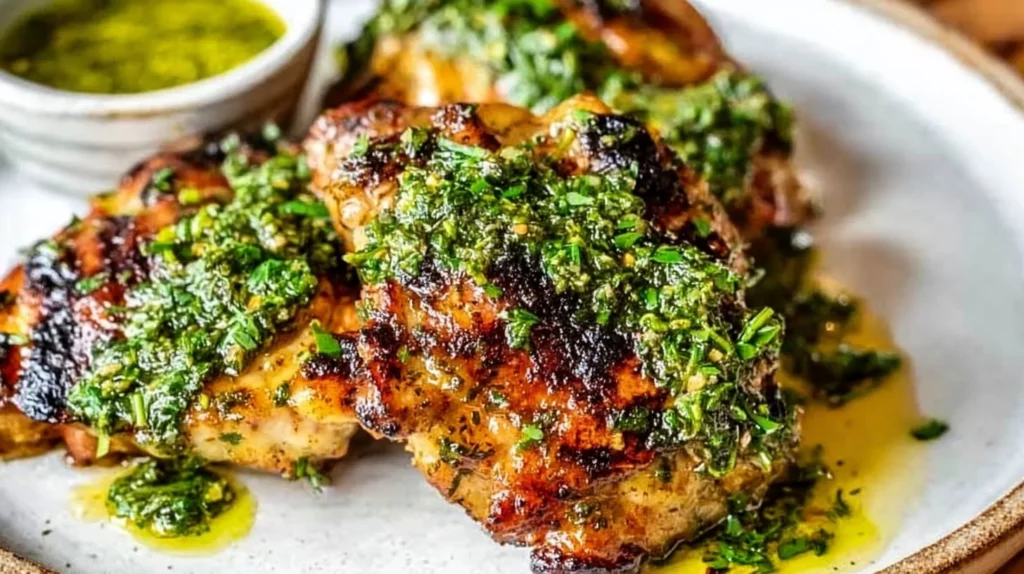 Delicious chimichurri chicken thighs garnished with fresh herbs and spices