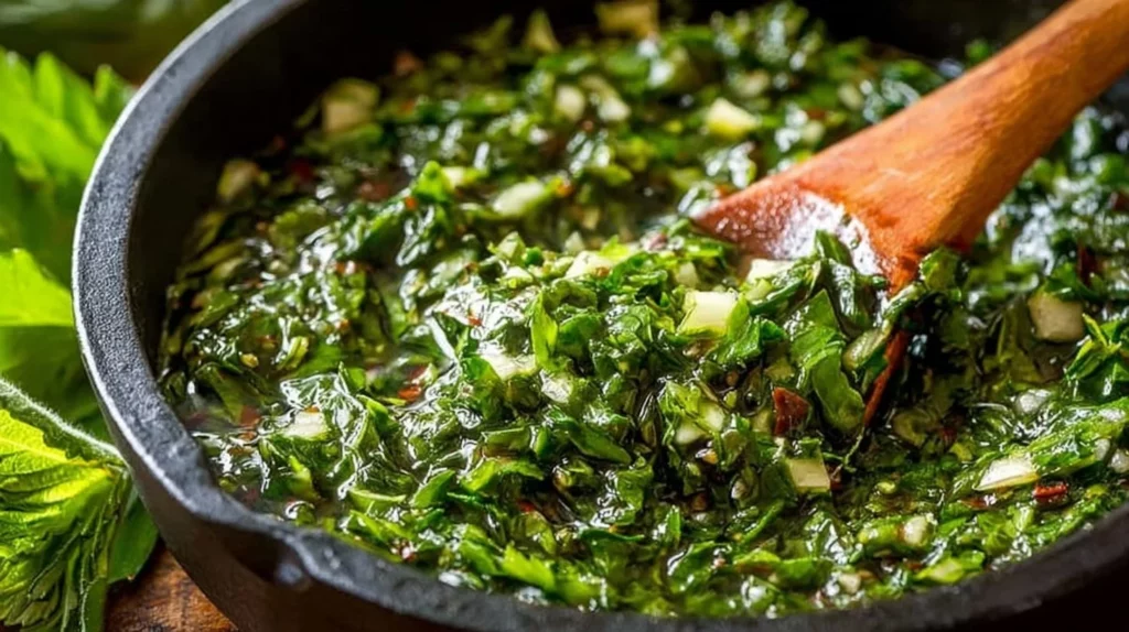 Fresh chimichurri sauce with herbs and spices for grilling meat