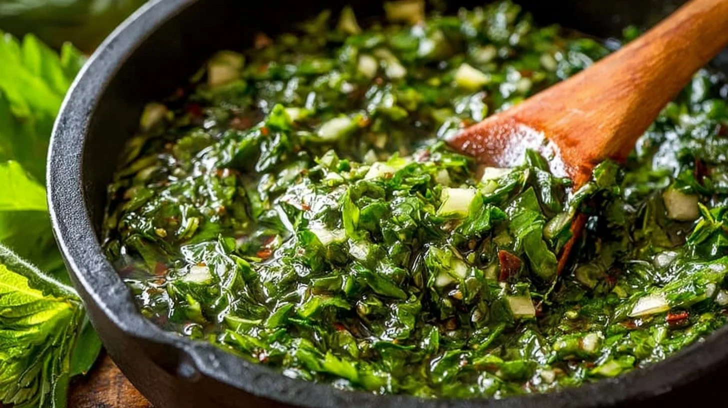 Fresh chimichurri sauce with herbs and spices for grilling meat