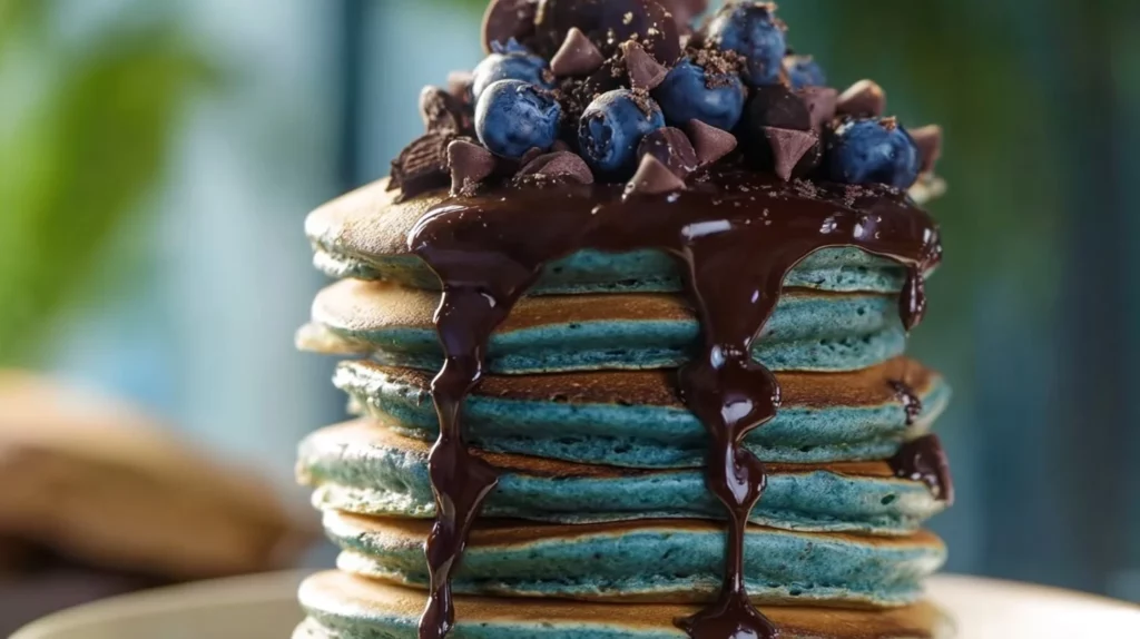 Delicious Chocolate Blueberry Pancakes topped with fresh blueberries and syrup