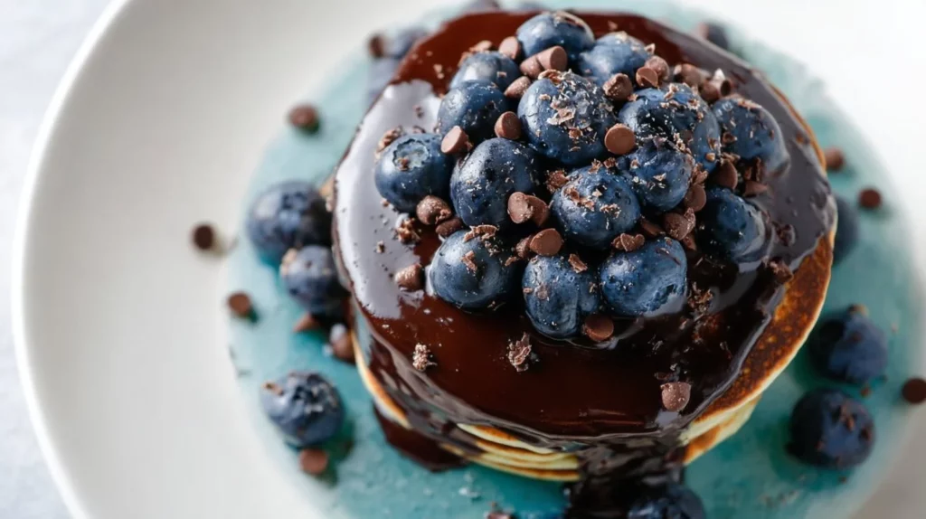 Delicious chocolate blueberry pancakes served on a plate with fresh blueberries
