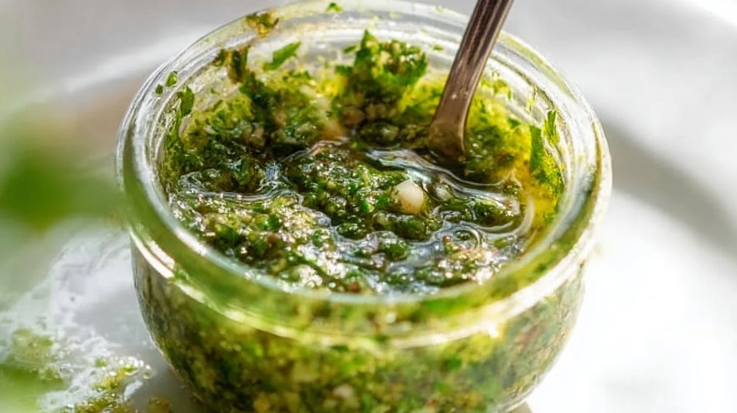 Fresh Cilantro Chimichurri sauce in a bowl with herbs and spices