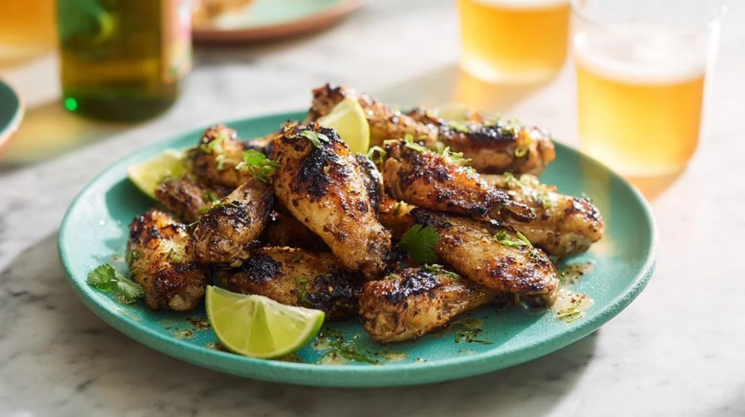 Cilantro lime yogurt grilled chicken wings on a barbecue grill