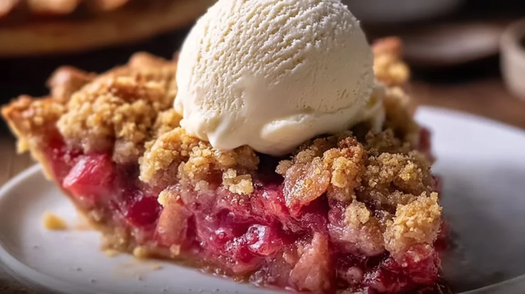 Classic rhubarb crumble pie with a golden, crispy topping and vibrant filling.