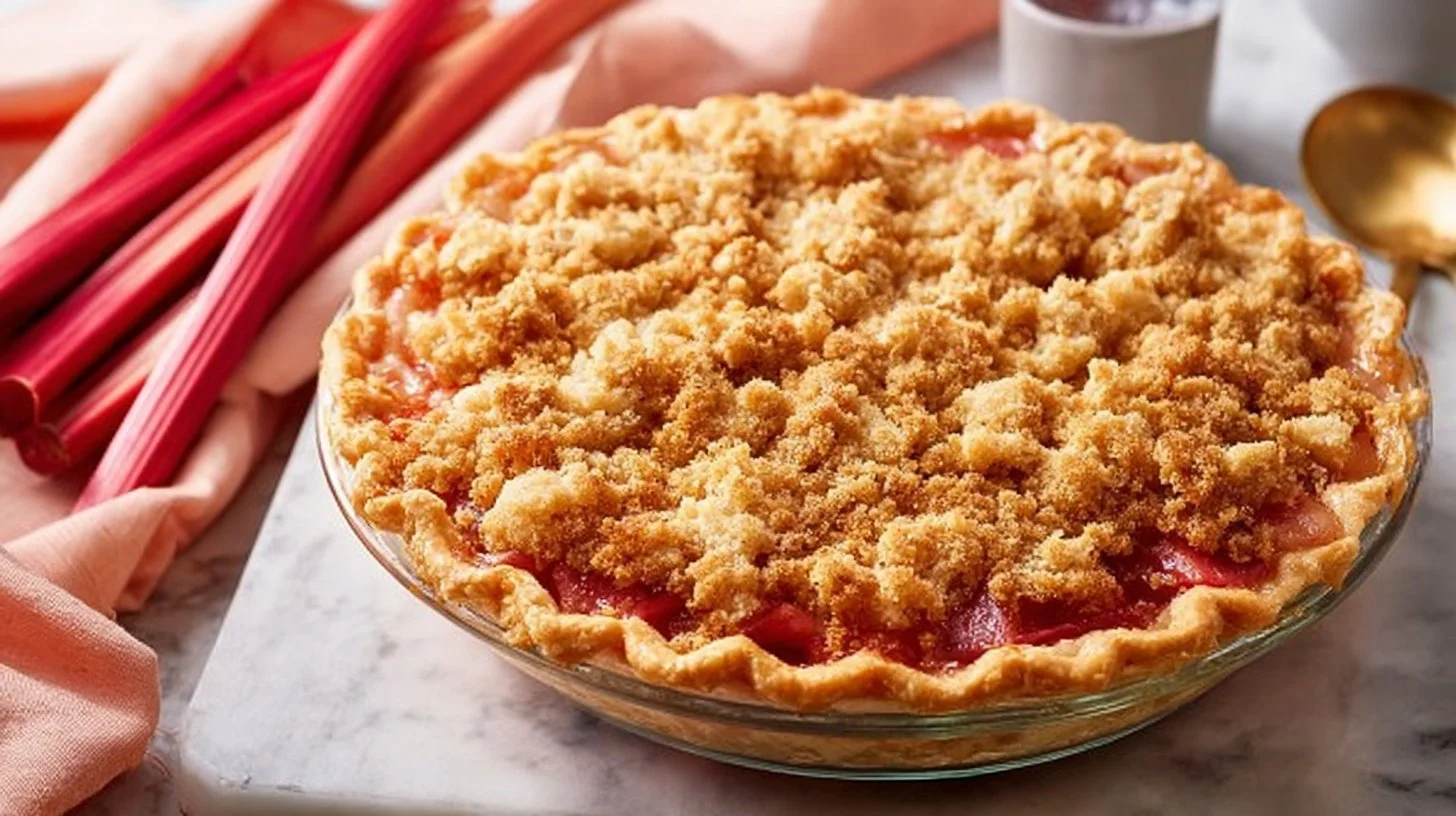 A delicious slice of classic rhubarb pie served on a plate with fresh rhubarb stalks.