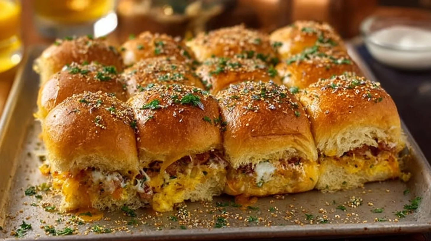 Delicious cowboy breakfast sliders stacked on a plate.