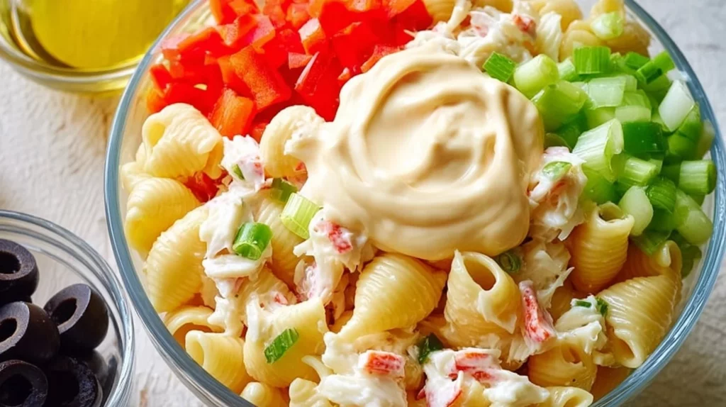Delicious crab pasta salad served in a bowl garnished with fresh herbs