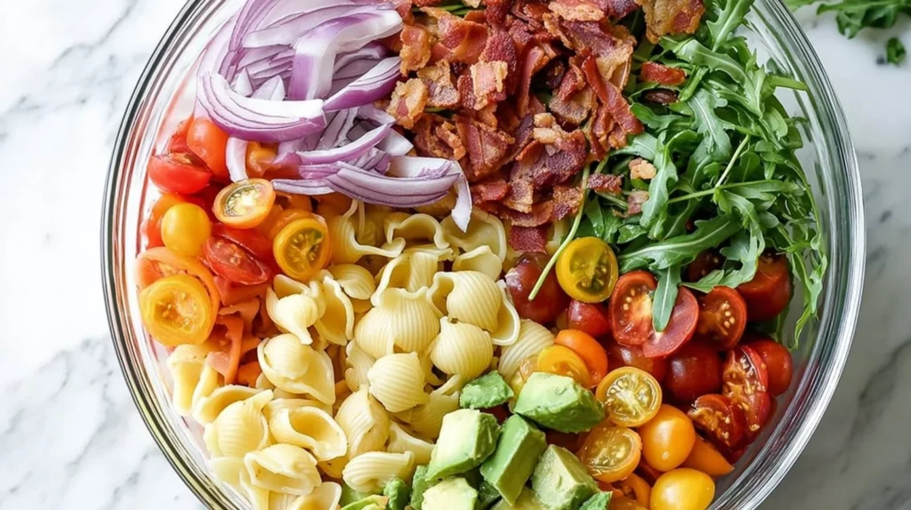 Creamy BLT pasta salad with bacon, lettuce, and tomato in a bowl