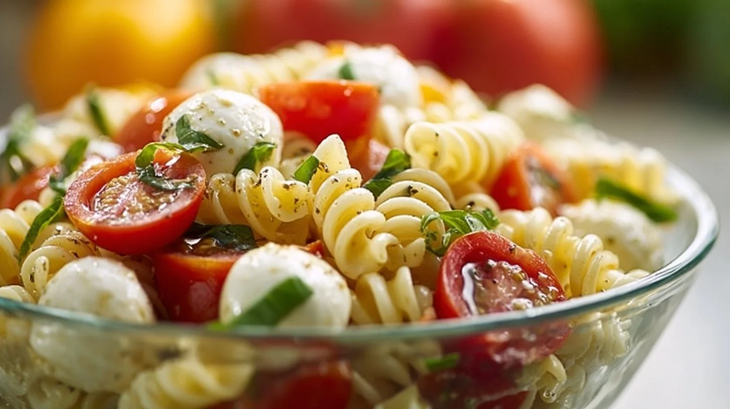 Creamy Caprese Pasta Salad with fresh tomatoes, mozzarella, basil, and pasta