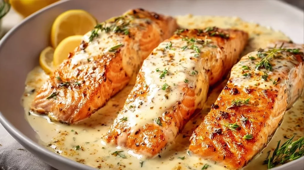 Creamy garlic butter salmon dish garnished with herbs and lemon