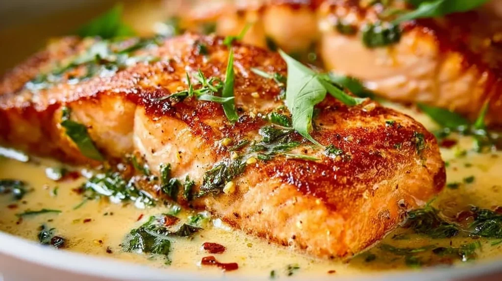 Creamy garlic butter Tuscan salmon garnished with fresh herbs