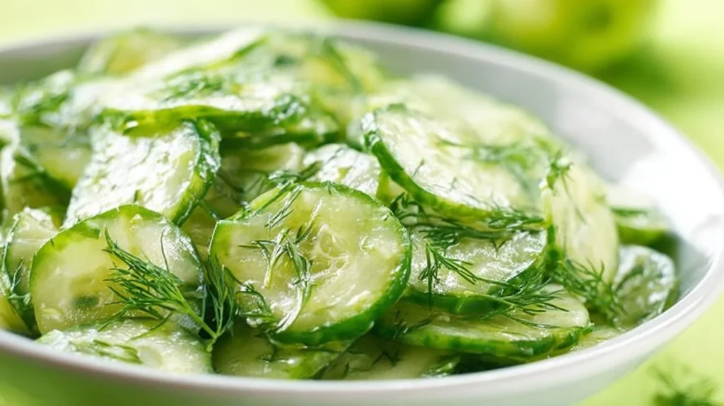 Creamy German cucumber salad served in a bowl with fresh herbs and spices