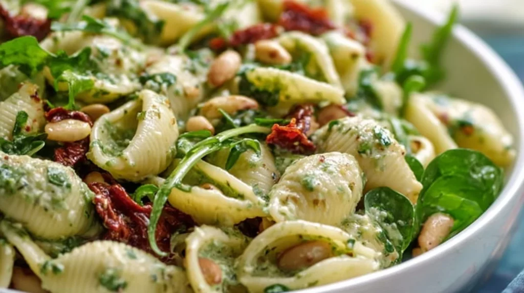 Creamy pesto pasta salad with fresh vegetables and herbs in a serving bowl