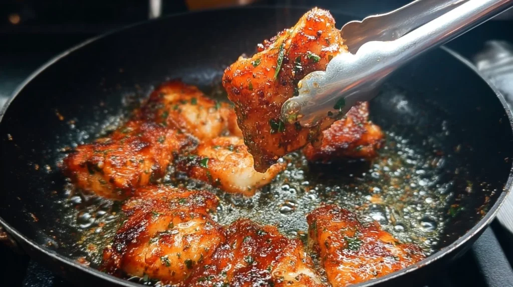 Crispy Garlic and Herb Chicken Thighs plated with herbs and spices.