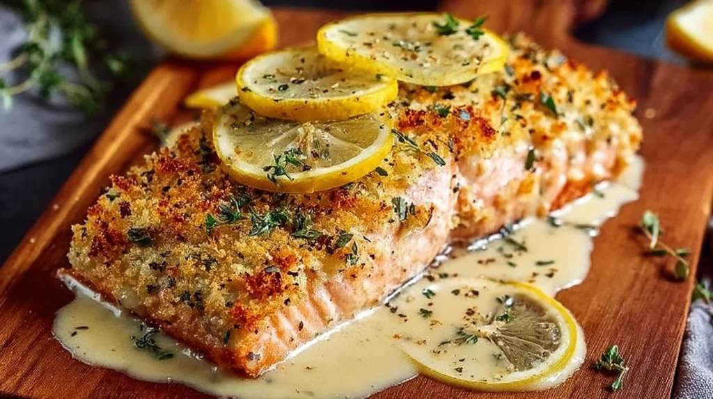 Crispy parmesan crusted baked salmon on a plate with lemon and herbs