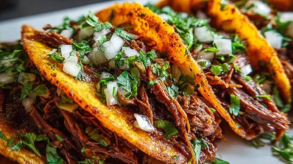 Delicious Crock Pot Birria Tacos ready to serve with fresh toppings.