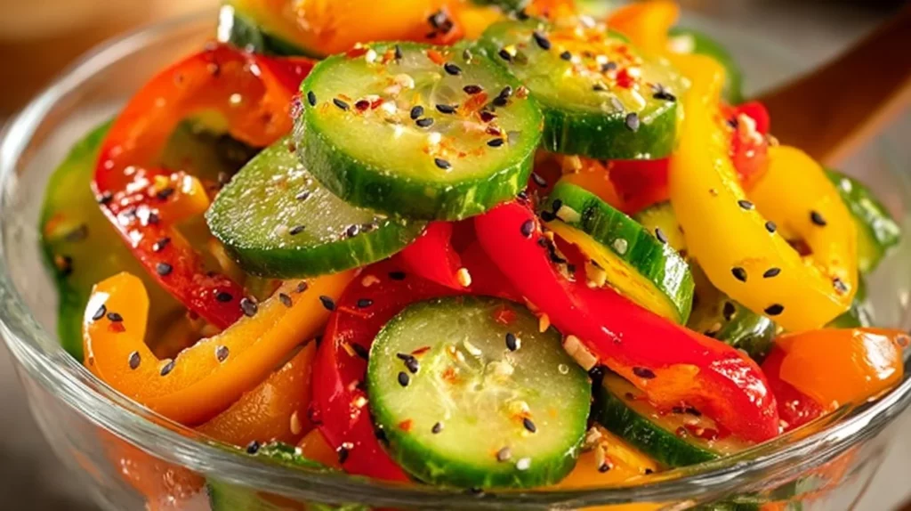 Cucumber and Sweet Pepper Salad in a bowl, perfect summer dish.