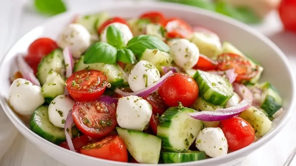 Cucumber Caprese Salad with mozzarella and fresh basil on a plate