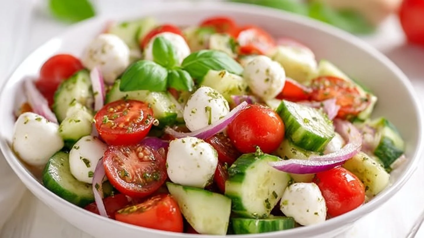 Cucumber Caprese Salad with mozzarella and fresh basil on a plate