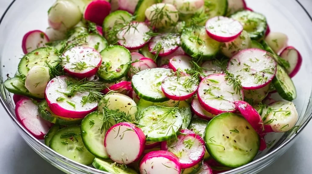 Delicious Cucumber Radish Salad with fresh vegetables in a bowl