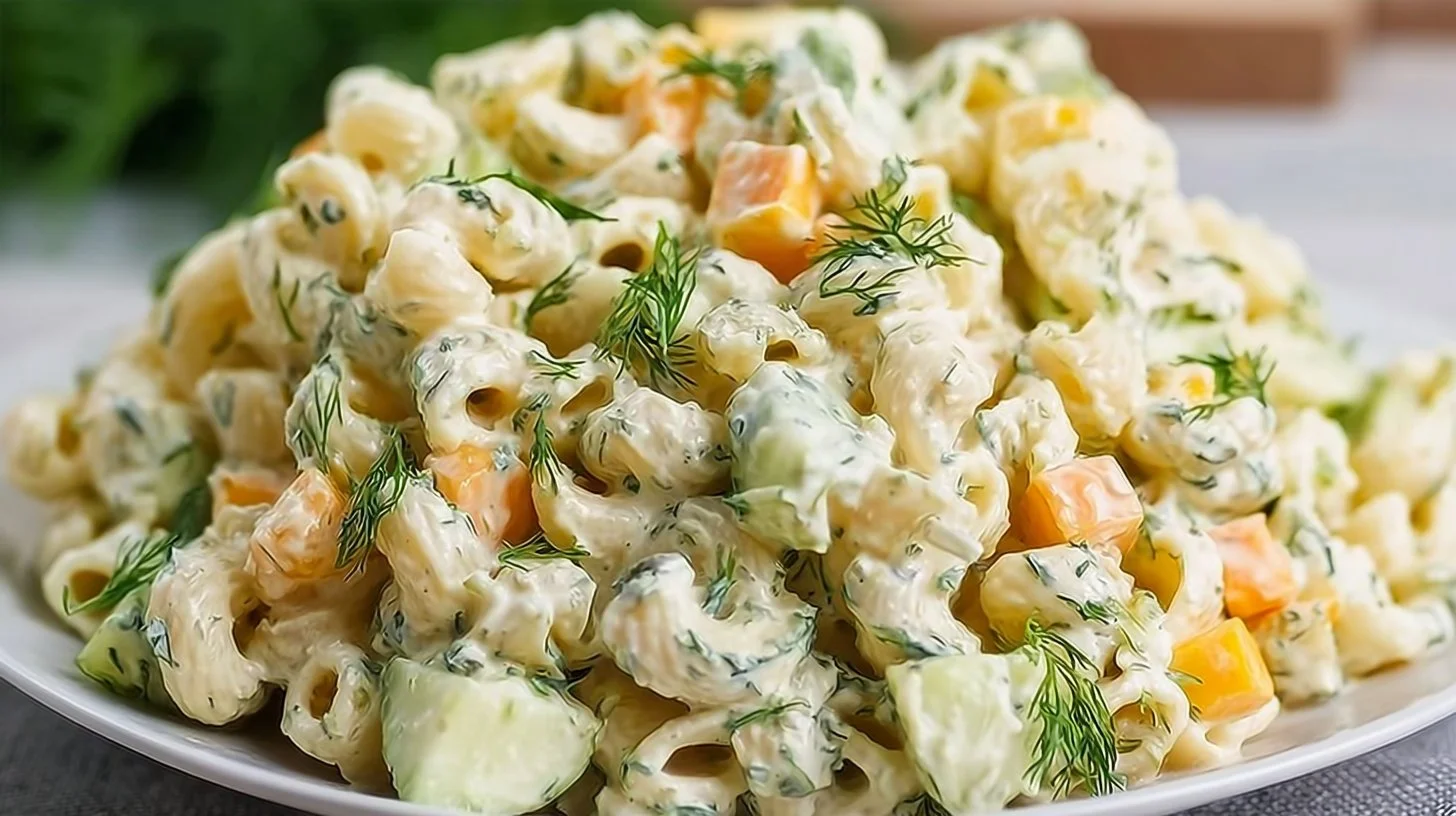 Delicious Dill Pickle Pasta Salad with fresh ingredients and pickles