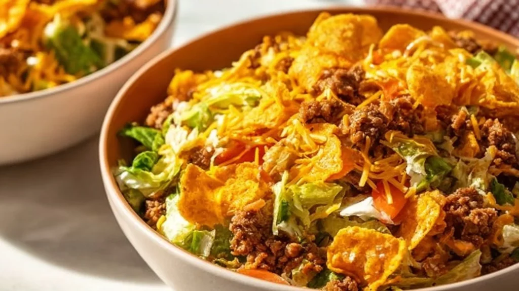 Delicious Dorito Taco Salad topped with crunchy Doritos and fresh ingredients