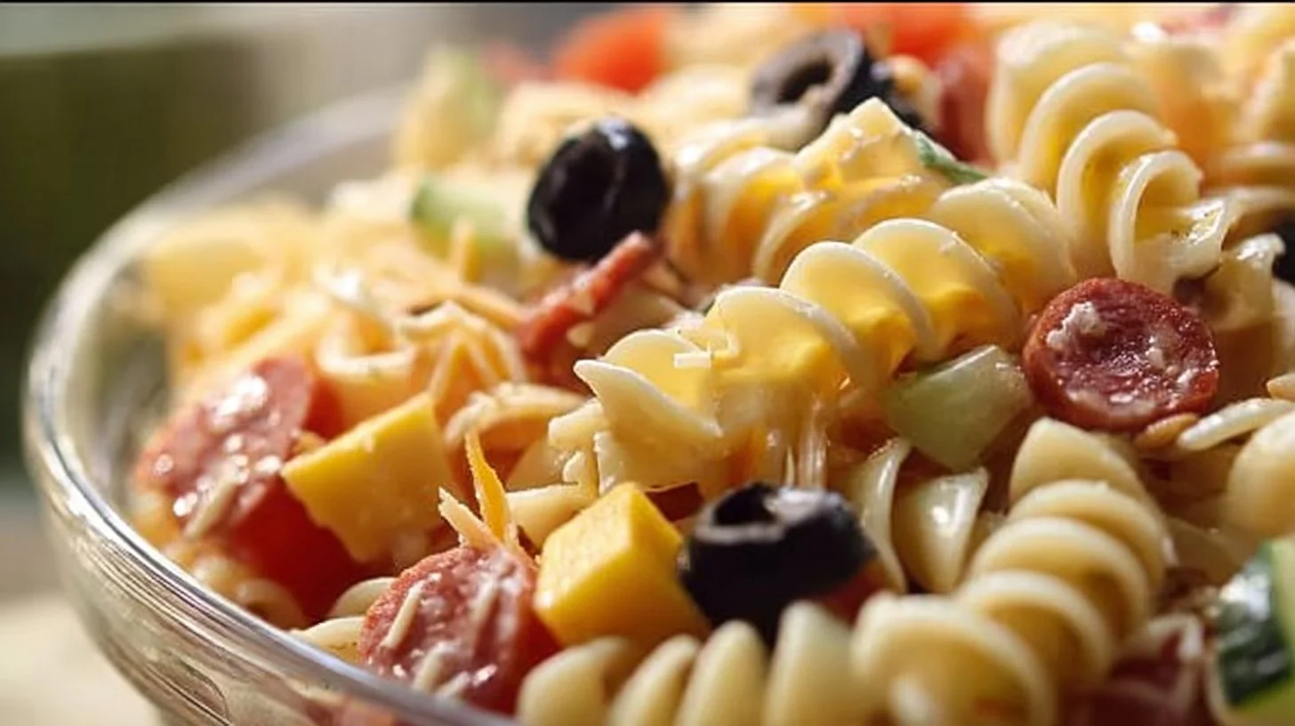 Bowl of easy and delicious Italian pasta salad with colorful vegetables
