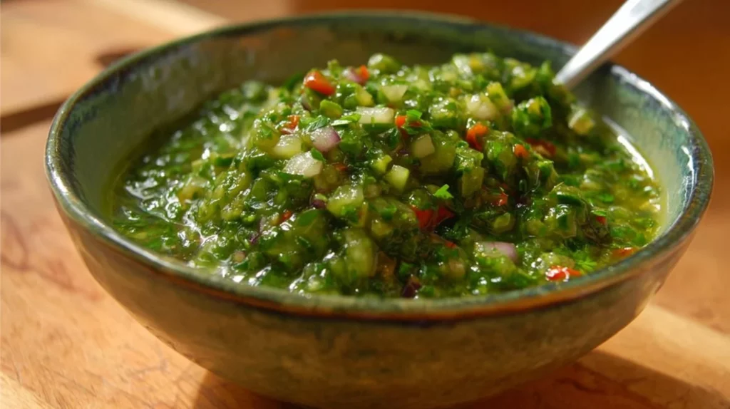 Freshly made easy chimichurri sauce in a bowl with parsley and garlic