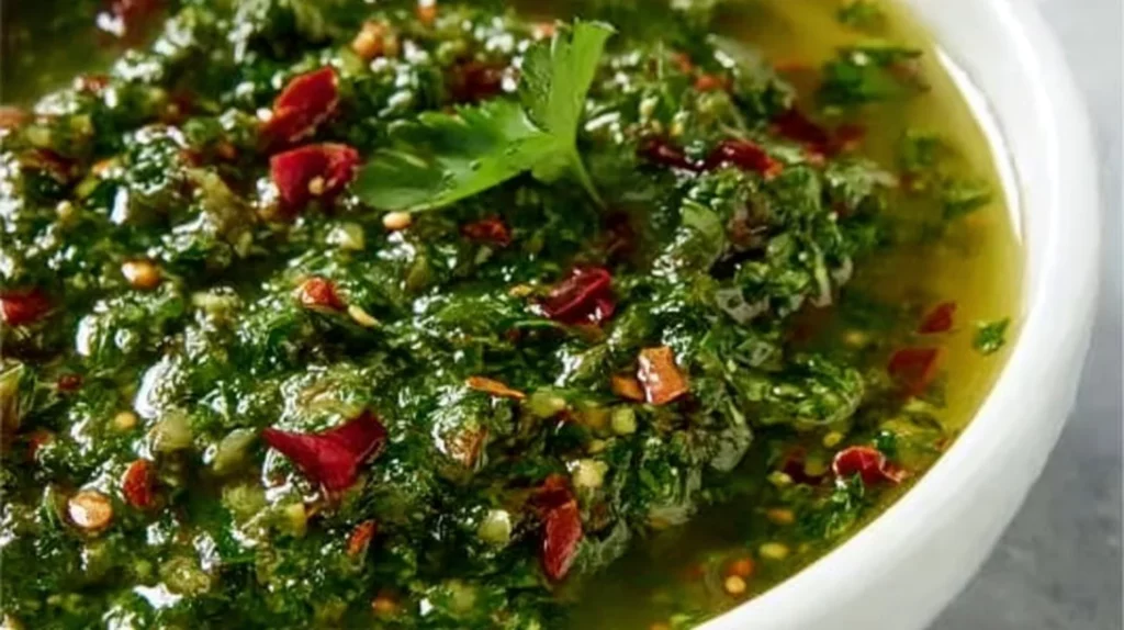 Fresh and vibrant easy chimichurri sauce in a glass bowl