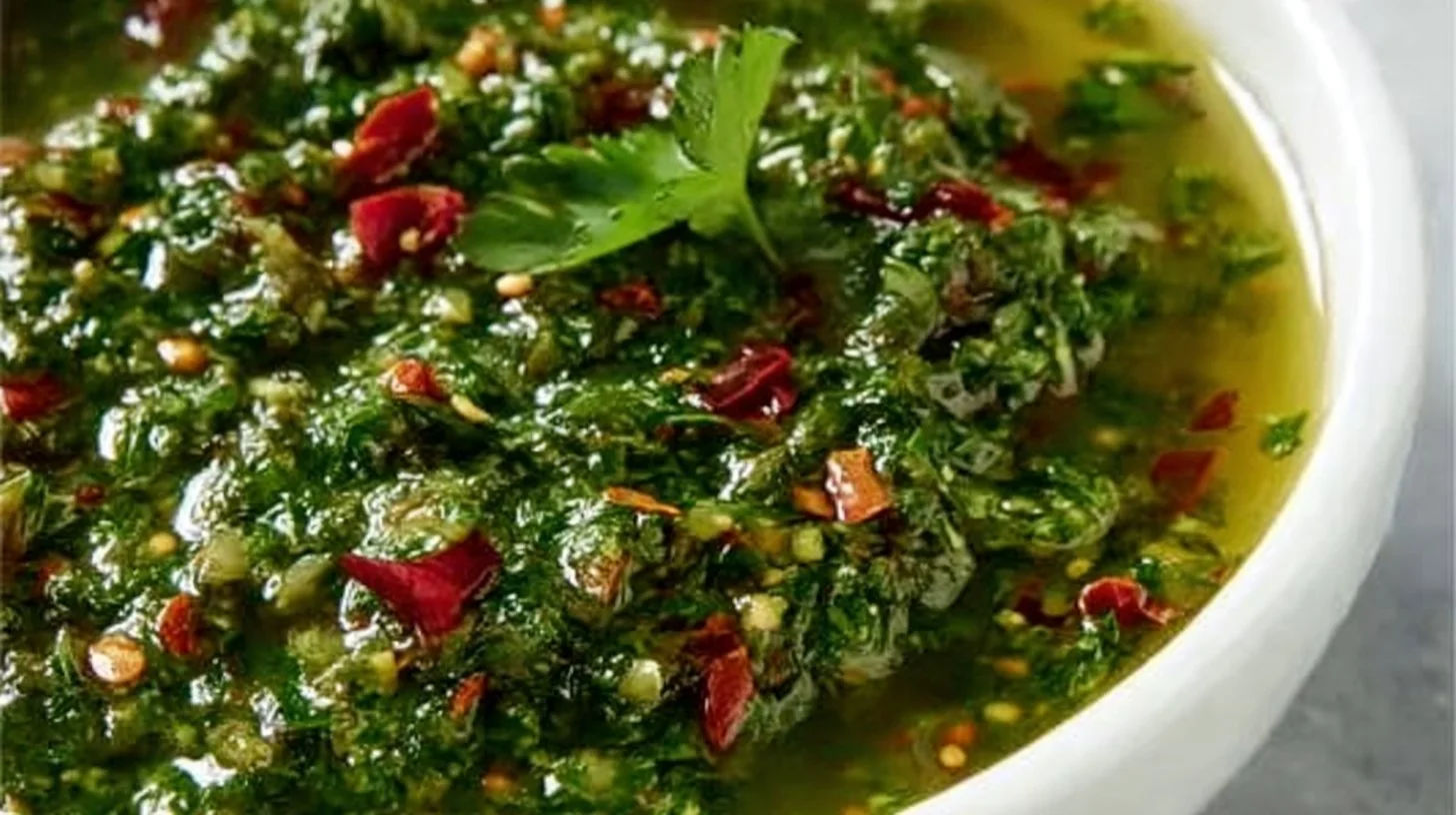 Fresh and vibrant easy chimichurri sauce in a glass bowl