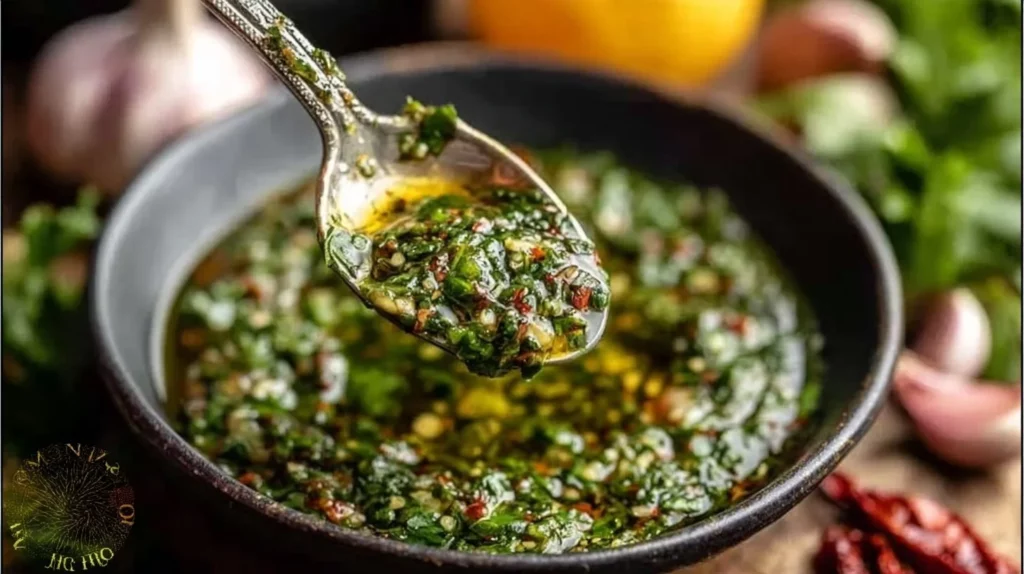 Homemade easy chimichurri sauce in a glass bowl with fresh herbs.