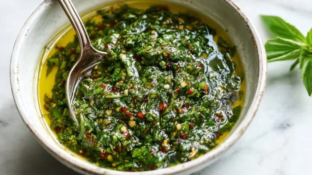 Freshly made chimichurri sauce in a bowl, garnished with herbs