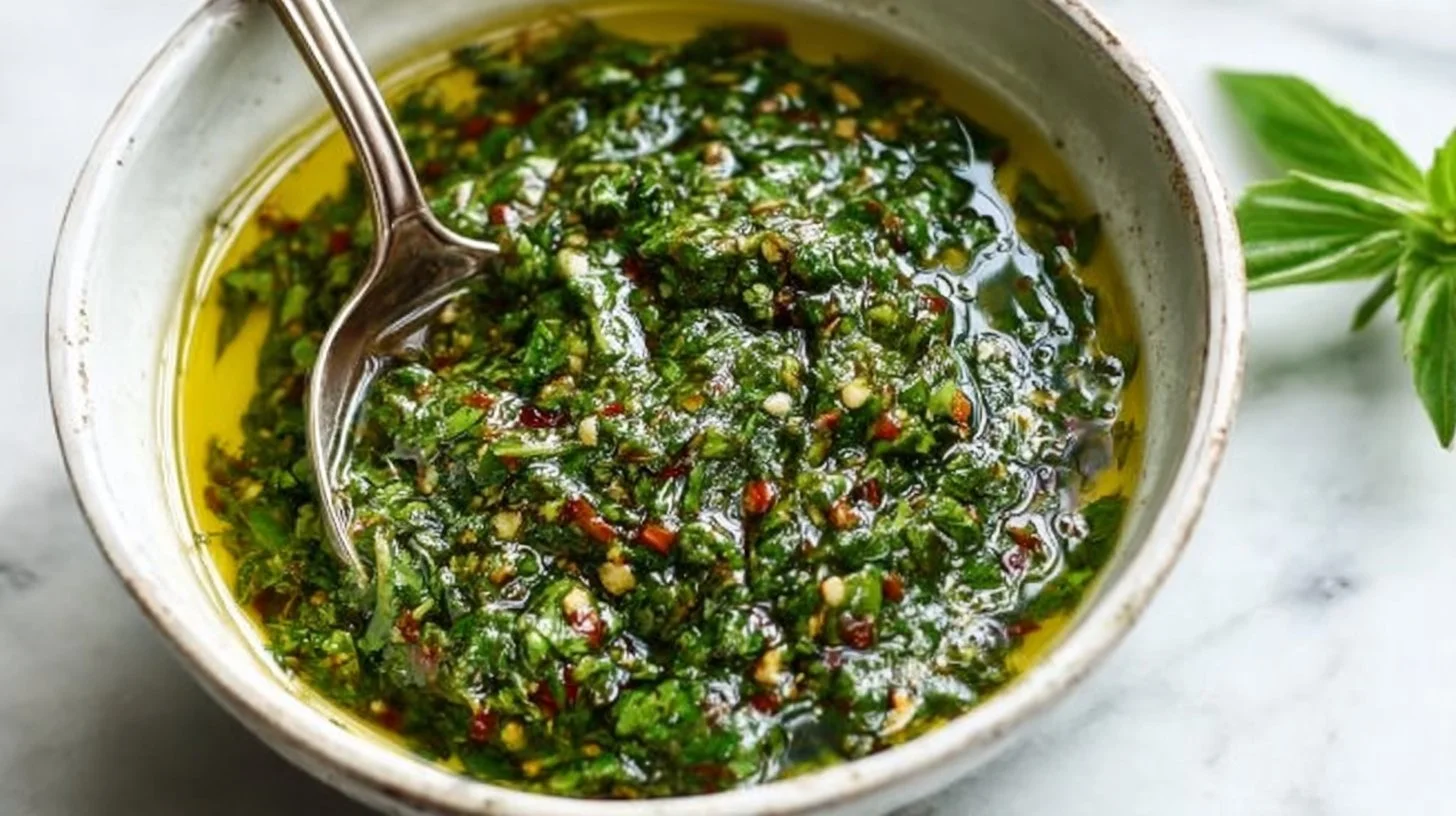 Freshly made chimichurri sauce in a bowl, garnished with herbs
