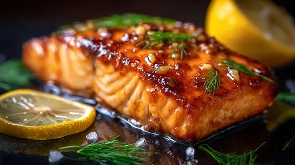 Crispy honey garlic glazed salmon on a plate garnished with green onions