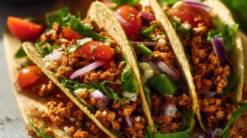 Delicious easy ground turkey tacos garnished with fresh toppings