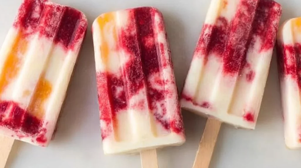 Colorful and refreshing homemade popsicles in various flavors on a wooden table.
