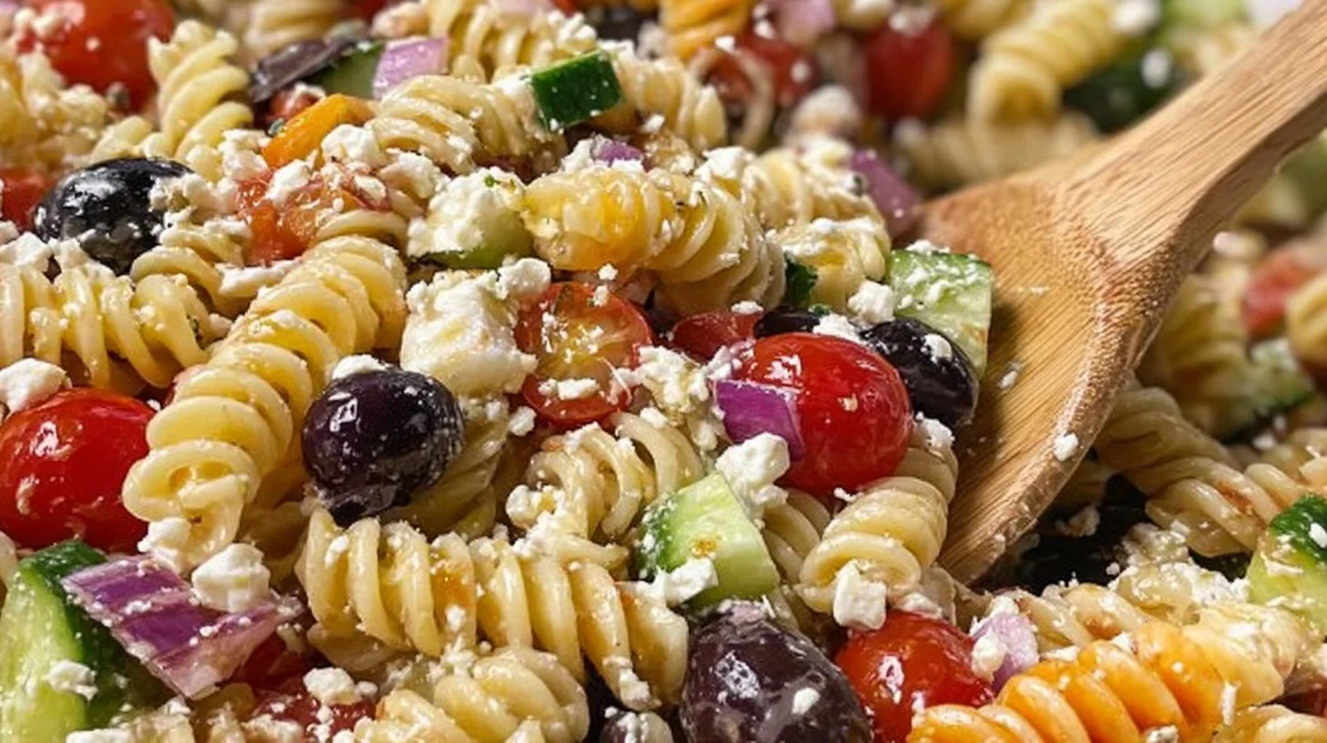 Bowl of easy Italian Pasta Salad with colorful vegetables and dressing
