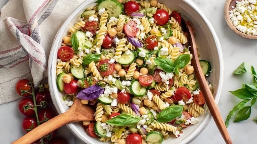 Bowl of easy pasta salad with fresh vegetables and dressing